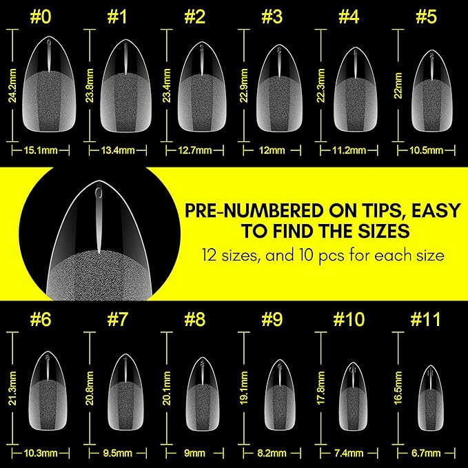 Makartt Almond Nail Tips: Medium Full Cover Fake Nails Half Matte Soft Clear Pre-shape Gel Nail Tips Acrylic False Nails, 12 Sizes French Press on Nail Extension Salon Home DIY 120pcs