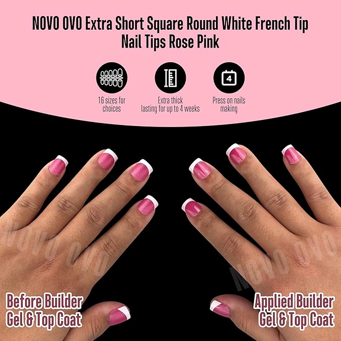 NOVO OVO Extra Short White French Tip Nail Tips, XS XXS Square Round ROSE PINK, for Wide & Short Nail Beds, Thick Full Cover Press on for Women Men, Soft Gel Acrylic Extension kit, 16 Sizes x 224pcs