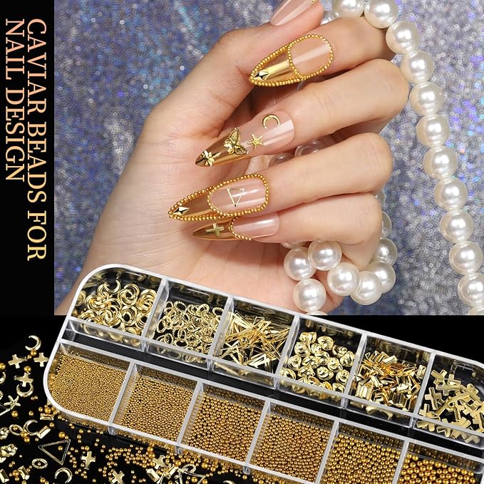 Teenitor Gold Nail Charms and Gems Set, 4 Boxes Nail Gems Nail Pearls Nail Art Tools, 3D Cross Nail Charms Heart Nail Rhinestones for Nails Supplies, Charms for Nails Design Nail Art Kit