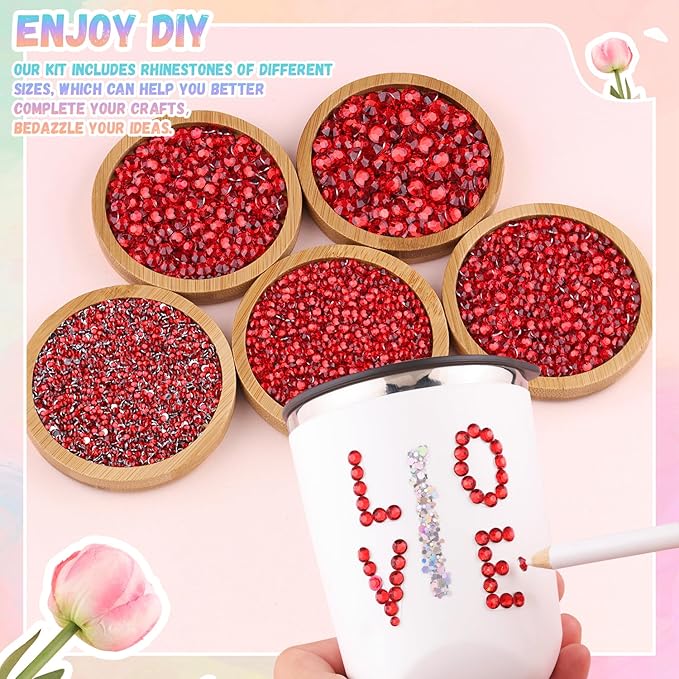 32000Pcs Resin Red Rhinestones with B7000 Jewelry Glue for Crafting, 2-6mm Non Hotfix Flatback Gems, Bedazzling Crystal for DIY Crafts Clothing Tumblers Mugs Shoes Fabric Decor Nail Art