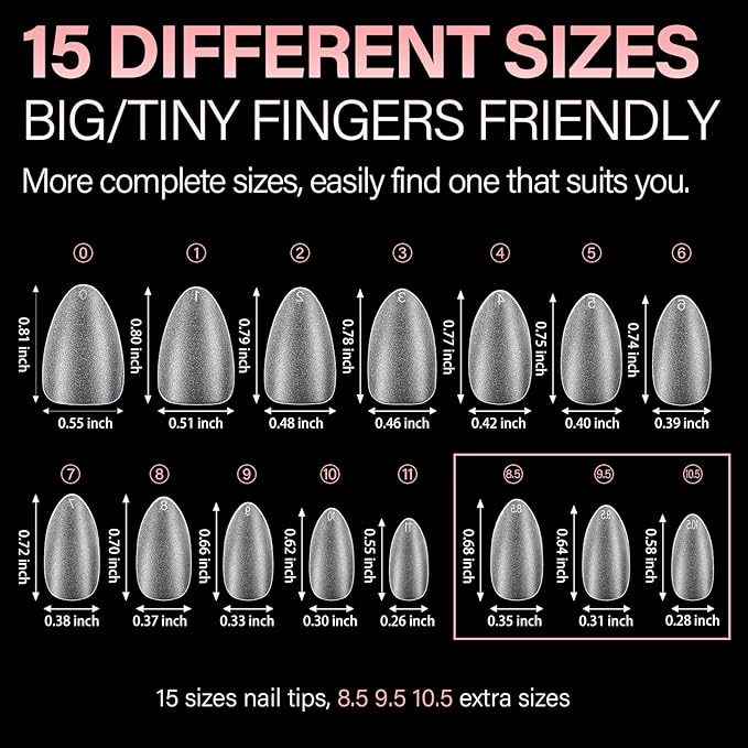 AILLSA Short Almond Nail Tips with Box, 15 Sizes Press On Gel Nail Tips Double Matte Pre-Buffed Almond Shaped Nails Tips Soft Full Cover Clear False Nail Tips for Nail Extension, 240PCS
