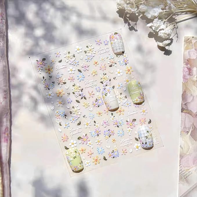 Dedyel Summer Wildflowers Nail Sticker 5D Embossed Wildflower Nail Stickers Spring Summer Red Yellow Blue White Flower Design Nail Art Decoration for Women Girls Kids
