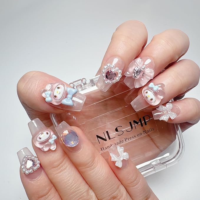 Thick Gel Press On Nails,Pink Acrylic Handmade Square Fake Nails, Reusable Cute Rabbit Kawaii Luxury Glue On Nails Set With Application Tools,10 pcs Size L,#949