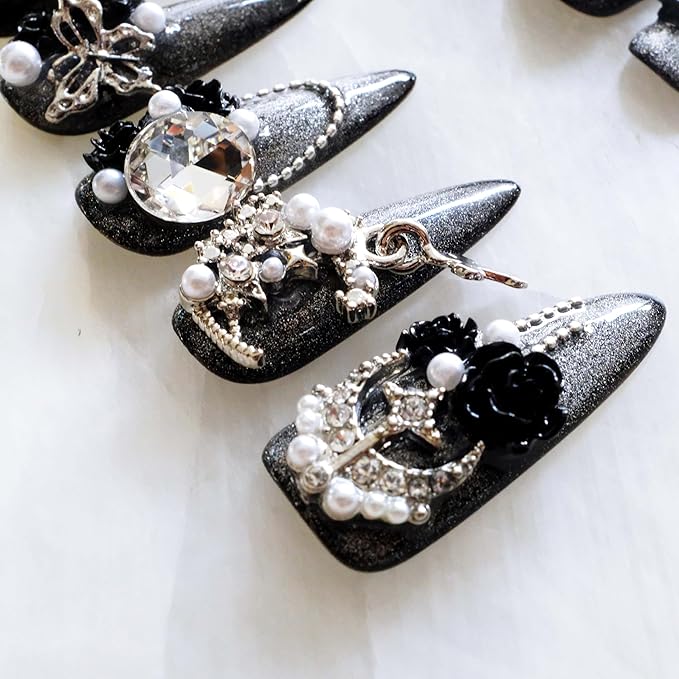 Luxury Long Stiletto Press-On Nails, 3D Black Roses with Silver Glitter, Pearl and Rhinestone Decorations, Handmade False Nail 10 Pieces (Large, LS)