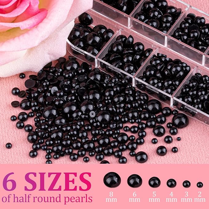 Belleboost Flat Back Pearls Kits 1 Box of Flatback Black Half Round Pearls with Pickup Pencil and Tweezer for Home DIY and Professional Nail Art, Face Makeup and Craft