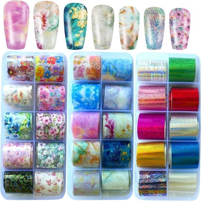 LoveOurHome 30 Sheet Nail Art Foils Flower Marble Holographic Trsnfer Nail Foil Sticker Decals Manicure Decoration Acrylic Tips Supplies for Crafts Nails Design