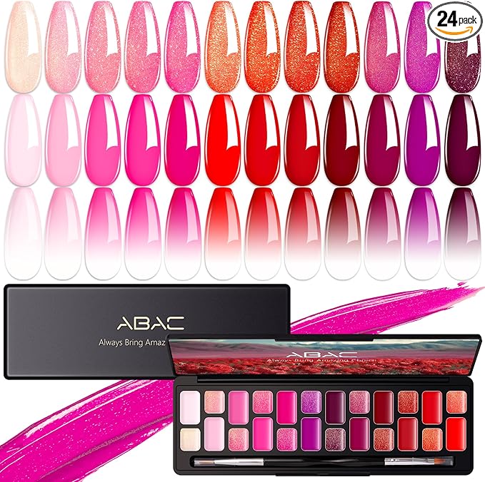 ABAC Solid Gel Nail Polish,Ombre Gel Nail Polish,Pat Paint Nail Gel,Spring&Summer Hema-free Soak Off 24 Color Gel Polish Kit with Double-Ended Nail Art Brush for Salon and Nail Art DIY at Home
