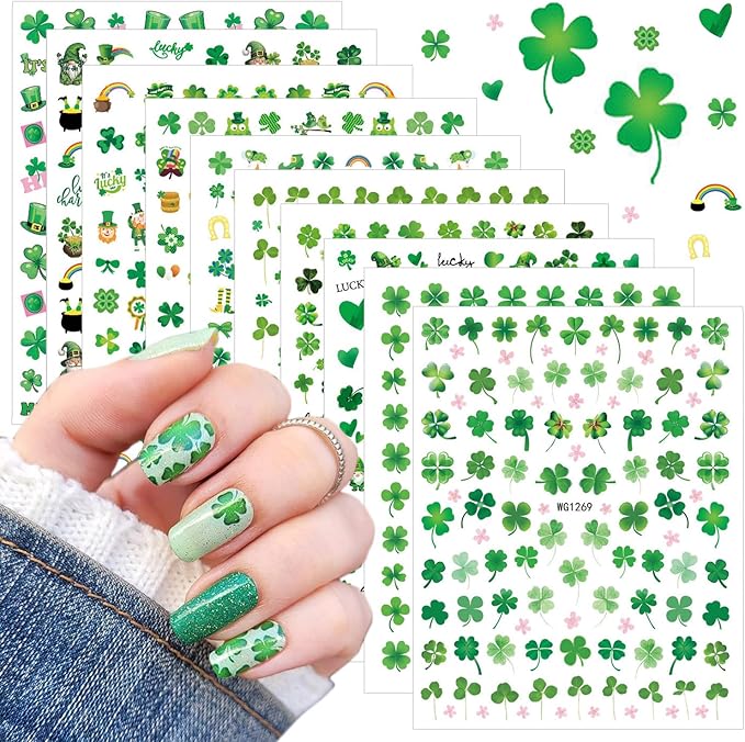 10 Sheets St. Patrick's Day Nail Art Stickers Green Shamrock Nail Stickers 3D Self-Adhesive Spring Nail Decals Four-Leaf Clover Rainbow Gnome Hat Designs Lucky of Irish Nail Decorations for Women DIY