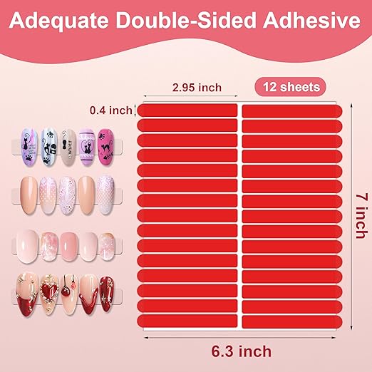 Qenk 12 Sheets Double Sided Tape for Nails, Nail Tape for Press on Nails, Double Sided Nail Tape for Nail Art Display Salon Supplies (Style-Red)