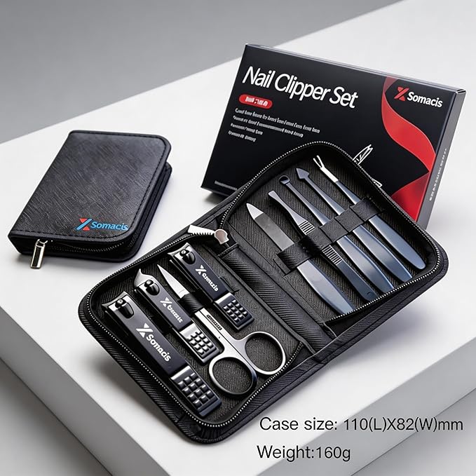 Manicure Pedicure Set, 9pcs Stainless Steel Nail Clippers Grooming Kit, Professional Complete Manicure Kit for Men, Mini Travel Nail Care Tools with Bag (Black)