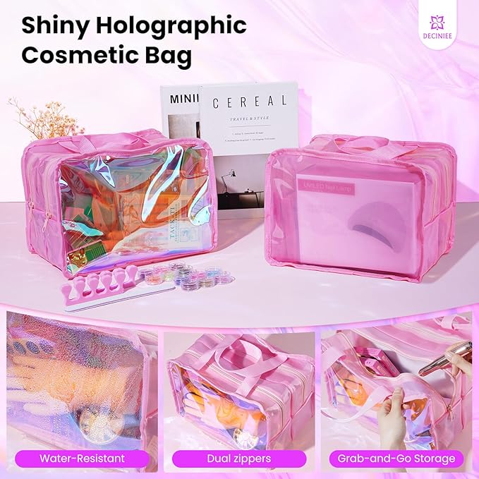 Nail Kit for Beginners with Everything: Professional Nail Kit Acrylic Set with Practice Hand Drill U V Light Gel Polish in Makeup Bag Gift for Women Salon Home (Holo Pink)