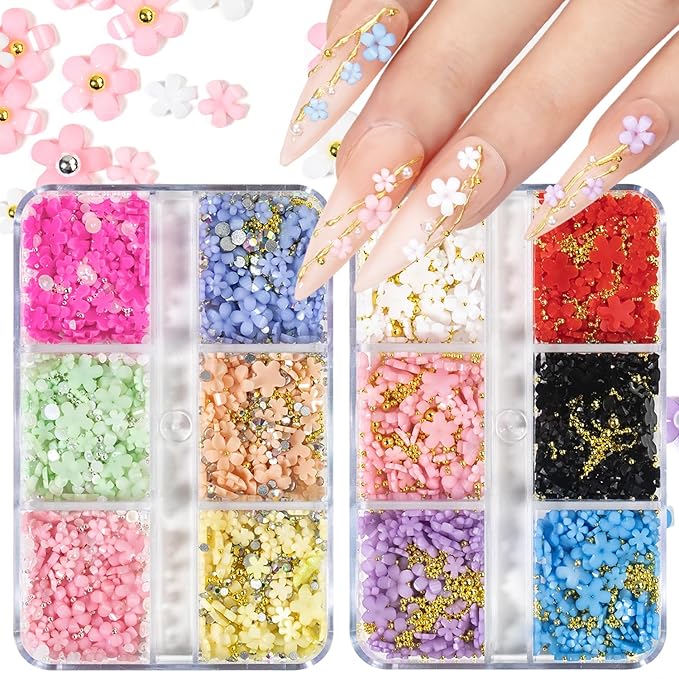 3D Flower Nail Charms for Nails Colorful Flowers Flatback Nail Rhinestones Pink White Black Blue Acrylic Flower with Round Pearls Gold Silver Beads Nail Art Supplies Manicure DIY Nail Decorations