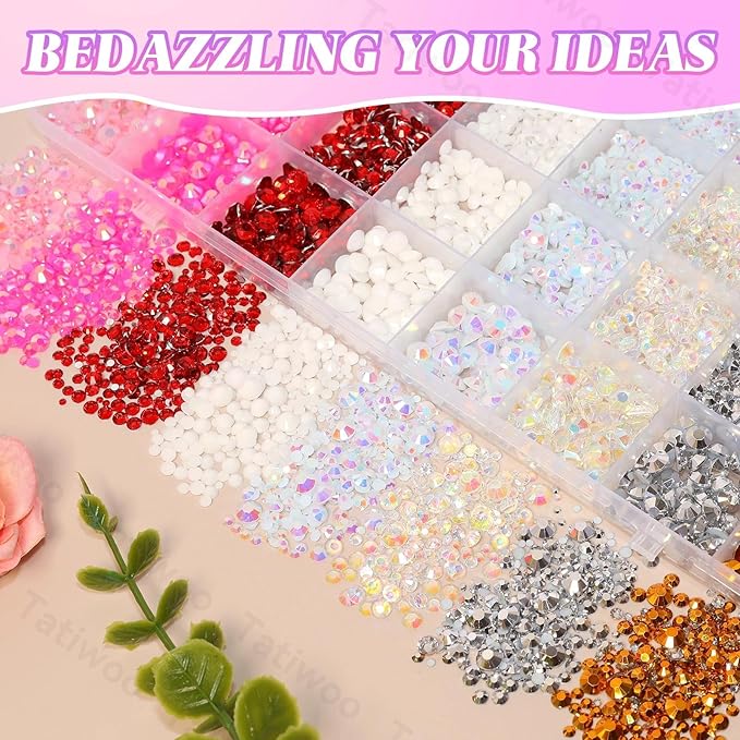 30000Pcs Rhinestones Bedazzling Kit, Pink White Red Sliver Gold Resin Rhinestones for Bedazzling, 2/3/4/5/6mm Flatback Gems for Crafts, Bedazzling Kit for Clothing Shoes DIY Face Makeup Tumblers