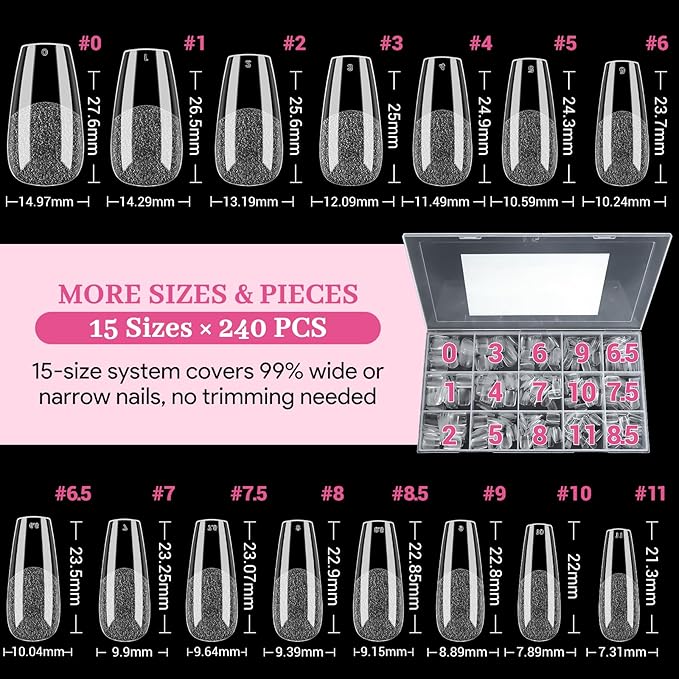 Medium Coffin Fake Nail Tips, 15 Sizes 240 PCS Clear Half Matte Press On False Nail Tips Pre-shaped Half Soft Cover Gel Nail Tips Extensions Thick Long Lasting for DIY Beginners & Salon Manicure