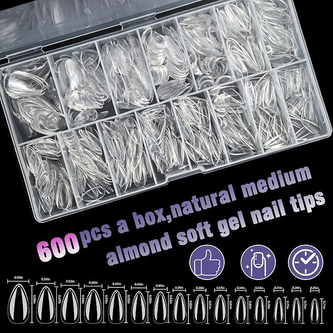 Press On Nails Thicker Medium Almond Nail Tips,600pcs Gel Flase Nails Tips Acrylic Tip, 15 Sizes 00-13 Fake Tips,Nails Tips, Soft Acrylic Press On Nail Valentines Gifts for Women