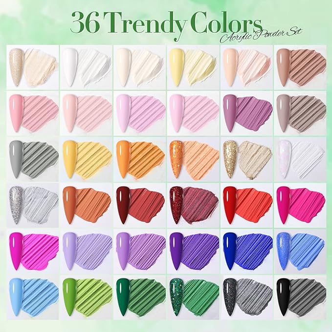 BORN PRETTY Acrylic Powder Set 36 Colors Acrylic Nail Powder Nude Pink Burgundy Red Green Blue White All Seasons Professional Polymer 3D Nail Art Kit for French Extension Carving Valentines Day Gift
