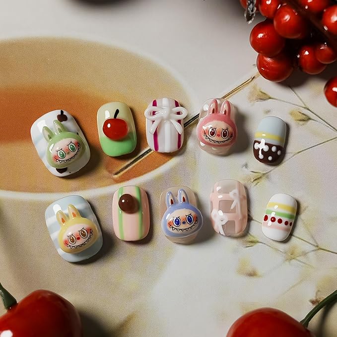 3D Cherry Press on Nails Short Square - Cute Cartoon Design with Mini Bow Charms, Colorful Kawaii False Nails for Women and Girls (Cartoon-A,S)