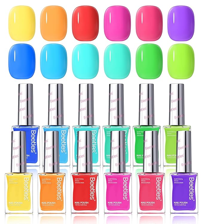 Beetles Neon Nail Polish Set - Quick Dry Nail Polish Kit 12 Colors Hot Pink Green Blue Yellow Red Regular Air Dry Fingernail Polish Pack for Women Valentines Gift Beetles Cocktails 12 Colors