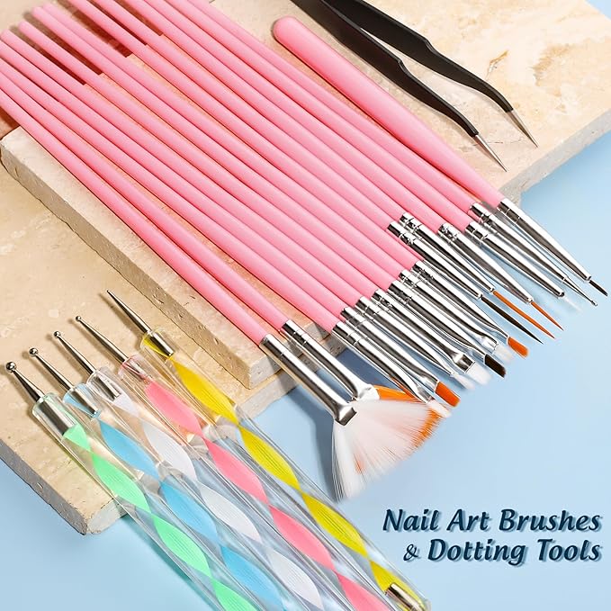 FANDAMEI Nail Art Brushes Set, Nail Art Kit, Nail Design Kit, Nail Art Dotting Pens, Nail Stickers, Butterfly Nail Art Sequins, Nail Foils, Nail Art Flakes Iridescent, Rhinestones For Nails