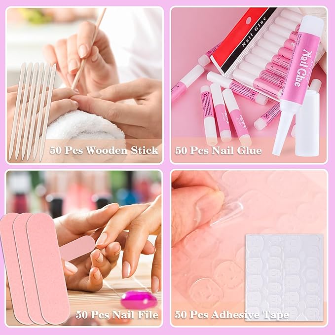Press On Nail Tool Kit for Nail Business, Nail Prep Application Disposable Kit with Nail File, Nail Glue, Prep Pads, Instruction Card, Adhesive Nail Tabs, Wood Stick, Holographic Bag (50pcs in purple)