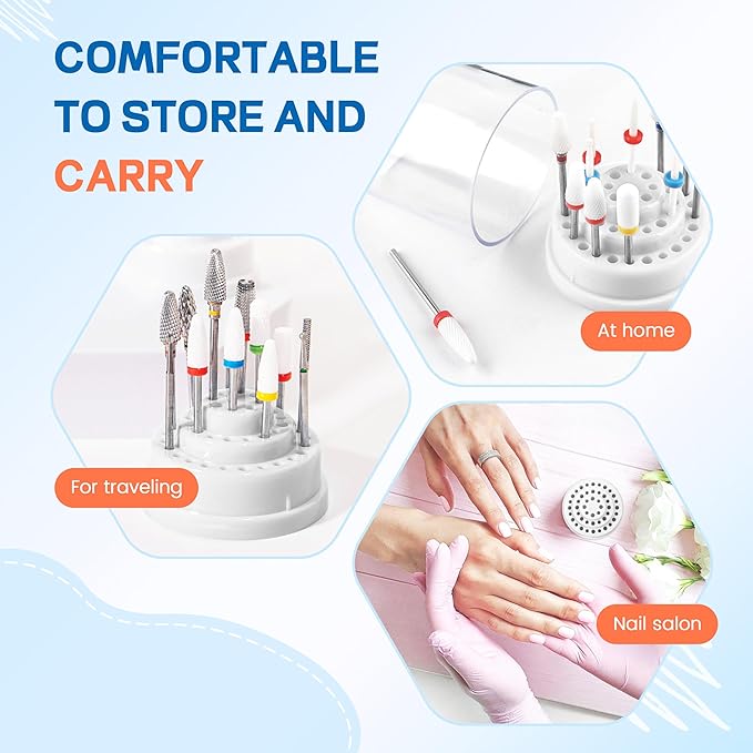 48Holes Nail Art Drill Bits Organizer Storage Box Holder Stand Display Container Manicure Accessories Acrylic Cover Tools low Speed Micro Polishing Drill Bits Grinding Head Nail Drill Holder (White)