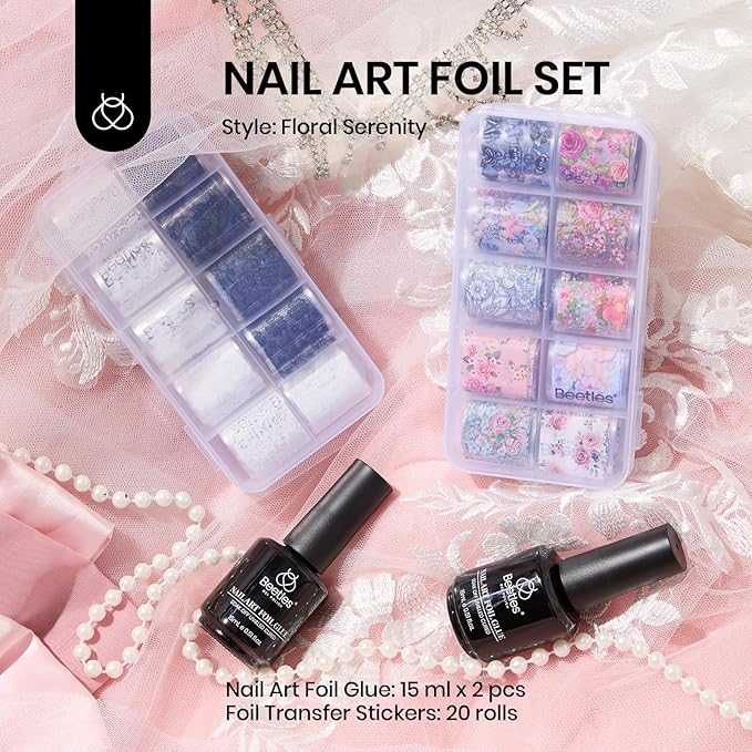 Beetles Nail Foil Glue Gel 2Pcs 15ml with 20 Pcs Lace Flower Butterfly Stickers Transfer White Black Lace Nail Foil Set, LED Lamp Soak Off DIY Manicure Gifts for Women