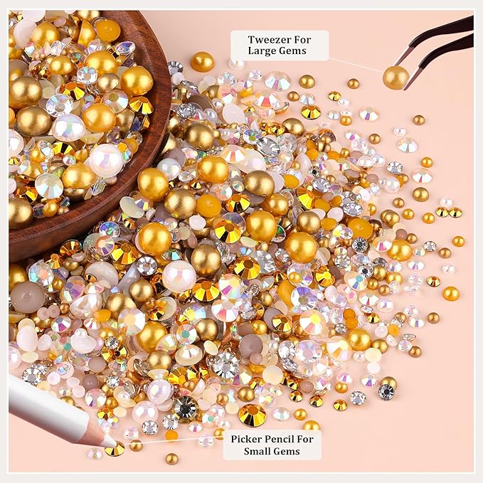 14000PCS Flatback Pearls and Gold Rhinestones for Bedazzling Kit, White Brown Mixed Size 3-10mm Resin Rhinestones Gems and Half Pearls for Crafting, Nail Art Crafts Decoration