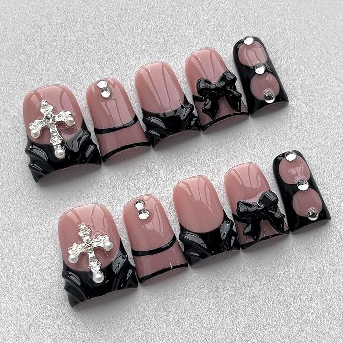 French Tip Press on Nails Handmade Short Duck 3D Thick Acrylic Nails Black False Nails with Bow Water Ripple Rhinestones Designs Gothic Glossy Fake Nail Sturdy Art Press on Nail 10Pcs(S)