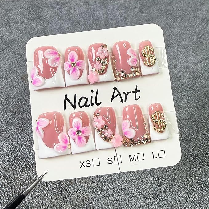 10Pcs Press On Nails Handmade Medium Duck Fake Nails White French Tips False Nails with 3D Flower Art Designs Reusable Acrylic Artificial Stick On Nail for Women Manicure (Size M)