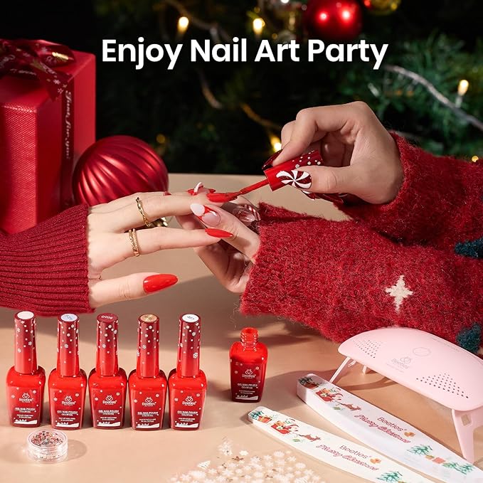 Beetles 27Pcs Gel Nail Polish Kit with U V Light -6 Colors Valentine Gel Nail Polish Set Red Jelly Cat Eye Glitter Gold Merry Glitz Set Soak Off Home Salon DIY Manicure Set Gifts for Women Teen Girls