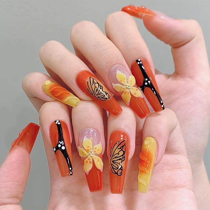 Orange Press On Nails Long Coffin - 3D Flowers Hand-Painted Butterflies French Tip Yellow Floral Acrylic Nail for Women (Mango Sago,S)