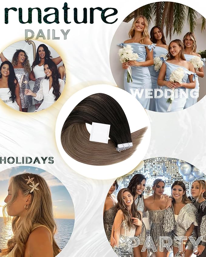 RUNATURE Human Hair Tape in Hair Extensions,16 Inch 20Pcs 50G Dark Brown Ombre, Soft Straight Hair Extensions Tape Ins, Heat Resistant, Natural Look, Easy to Apply