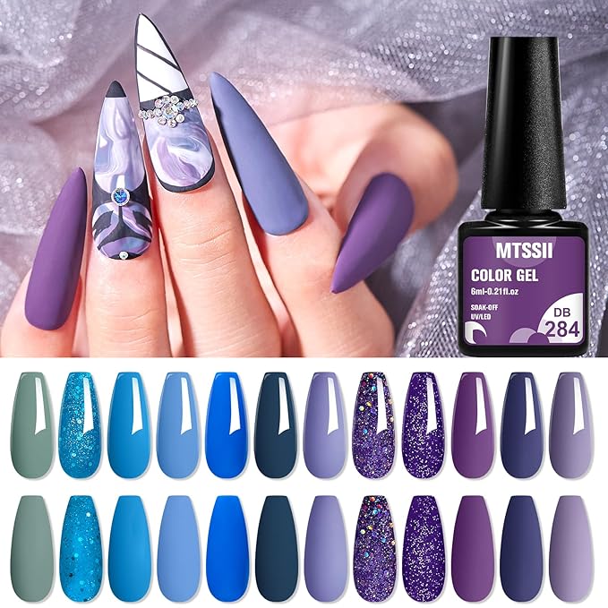MTSSII Gel Nail Polish Set 12 Colors Blue Purple Gel Polish Kit Baby Blue Lavender Dark Purple Glitter Gel Nail Polish Aquamarine Mermaid Soak off Uv LED Gel Manicure DIY Nail Home