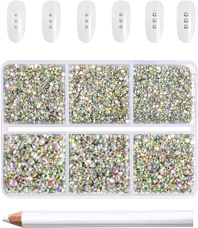 Beadsland 7200pcs Flatback Rhinestones,AB Crystal Rhinestone Nail Gems Round Crystal Rhinestones for Crafts,Mixed 6 Sizes with Wax Pencil Kit, SS3-SS10,Crystal AB