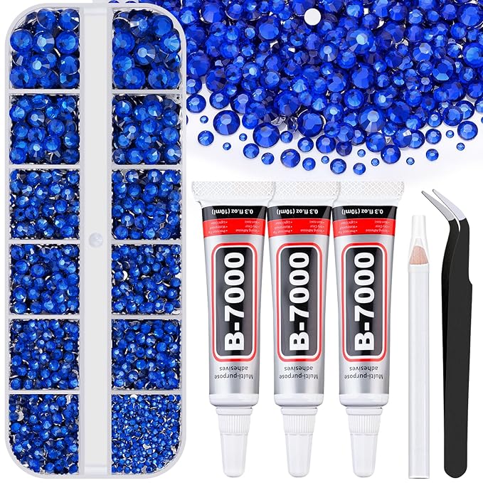 6000Pcs Resin Rhinestones for Bedazzling with 3Pcs B7000 Jewelry Glue, 1 Box Royal Blue Flatback Rhinestones for Crafting Crafts DIY, Crystals Gems for Clothing Shoes Tumblers Nail Art Makeup