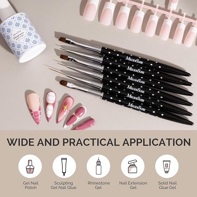MelodySusie 6pcs Nail Art Brushes Set, Professional Pen Nail Gel Brush, Nail Extension and Builder Brush, Liner Brush 3 Sizes, Fashion Design for Home DIY Salon Use, Black