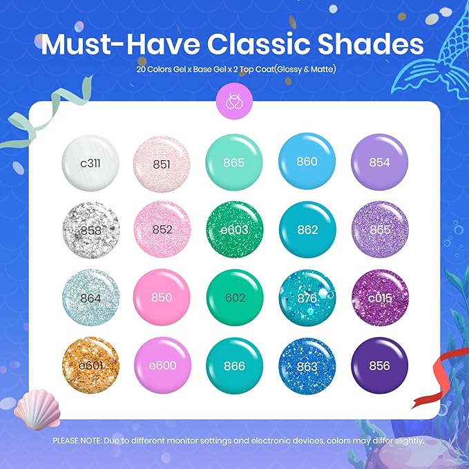 Beetles Purple Gel Nail Polish Set, 20 Colors Blue Green Pink Purple Shimmer Glitter Mermaid Gel Polish Kit with Base Top Coat Soak off Uv Nail Art Valentines Spring Gifts for Women
