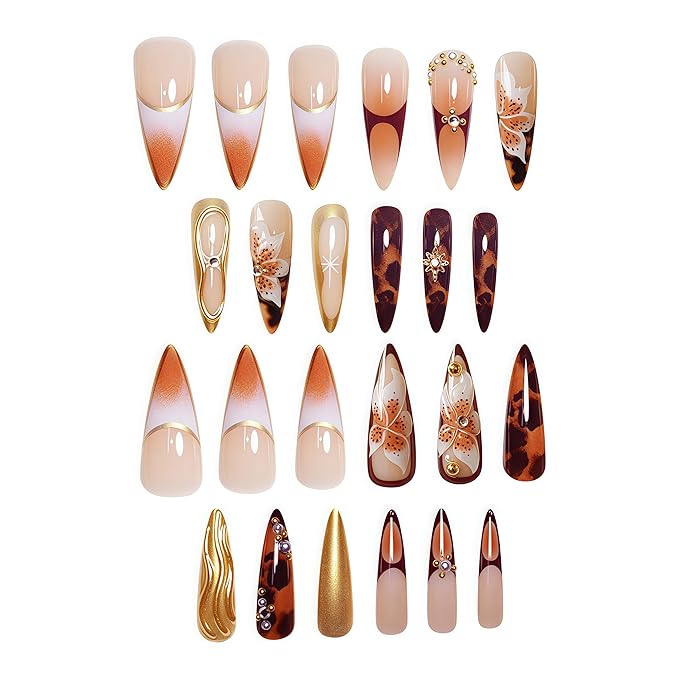 Long Press on Nails Almond Fake Nails Brown False Nails Flowers Artificial Nails with Gold Charm Designs Summer Handmade Nails 3D Floral Stick on Nails for Women 24pcs