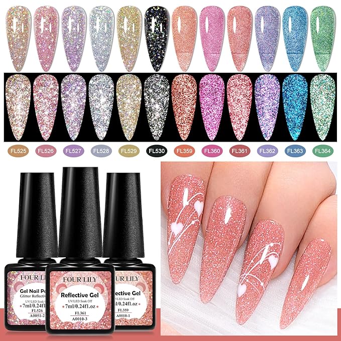 Gel Polish Reflective Glitter Gel Nail Polish Set, 12 Colors Holographic Sparkle Glitter Gel Flash Diamond Sliver Gold Pink Blue UV LED Soak Off Manicure Kit Gift for Women Girls