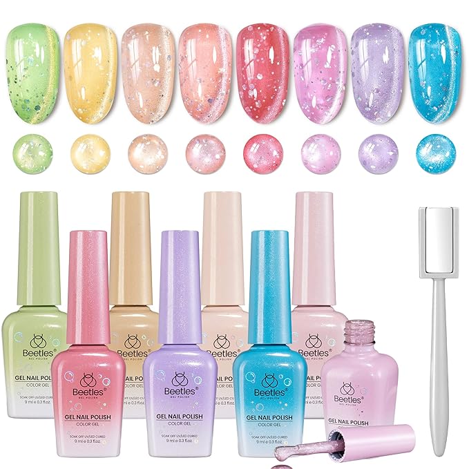 Beetles Bubbly Mixology Cat Eye Gel Nail Polish Set - 8 Colors Pastel Spring Shimmer Glitter Gel Polish Kit Pink Blue Orange Green Yellow Purple Velvet Gel Soak Off UV DIY Manicure Gift for Women
