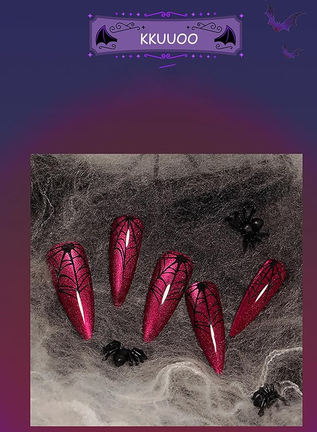 Halloween Press on Nails Long Stiletto Fake Nails KKUUOO Red False Nails with Spider Web Design Glossy Acrylic Nails Glitter Press on Nails for Women Girls Halloween Party Cosplay Manicure