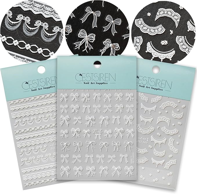 White Bow Lace Nail Art Stickers 5D Embossed Pearl Nail Decals for Nail Art Design Self-Adhesive Nail Accessories for Women Nail Art Supplies 3 Sheets