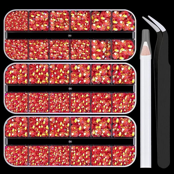 5000PCS Resin Rhinestones with Tweezers for Crafting, 2/3/4/5/6mm Flatback Jelly Rhinestones, 3 Box Red AB Non Hotfix Crystal Gems for DIY Crafts Mugs Tumblers Clothes Makeup Nail