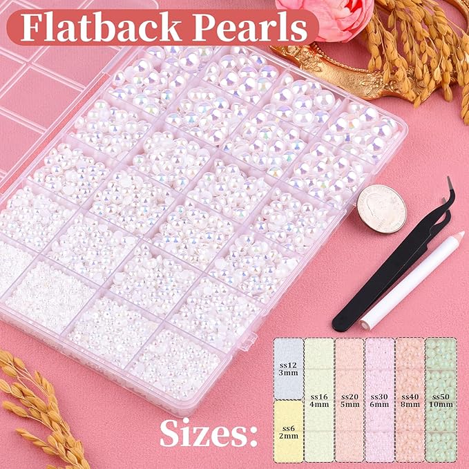 11000Pcs Flatback Pearls for Crafting (White AB), Assorted Size 2/3/4/5/6/8/10mm Half Pearl with 3Pcs 10ml B7000 Jewelry Glue, Bedazzling Bead for DIY Crafts Clothing Tumblers Shoes Nail Art