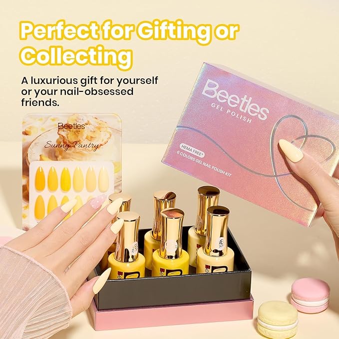 Beetles Yellow Gel Nail Polish Set - Sunny Pantry with Color Card, 6Colors HEMA FREE Yellow Gel Nail Polish Set 15ML/0.51FlOz, Same Color Bottle, Long-Lasting Soak Off UV Lamp Summer Spring Nails Art