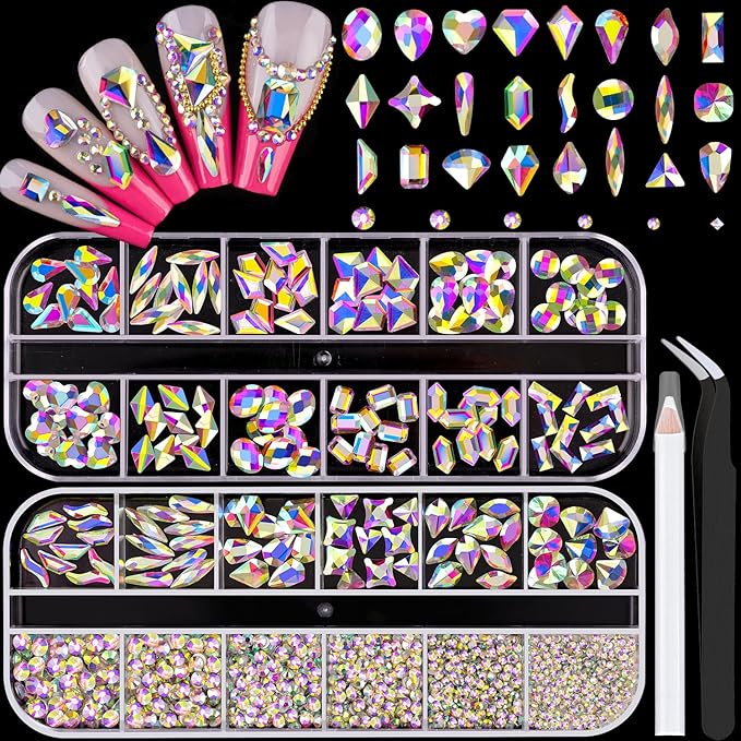 1680Pcs AB Glass Nail Rhinestones 180Pcs Multi Shapes Flatback Nail Gems + 1500Pcs 1.5-4mm Round Crystal, Manicure Nail Charms Diamond Gemstones for Acrylic Nails Decoration