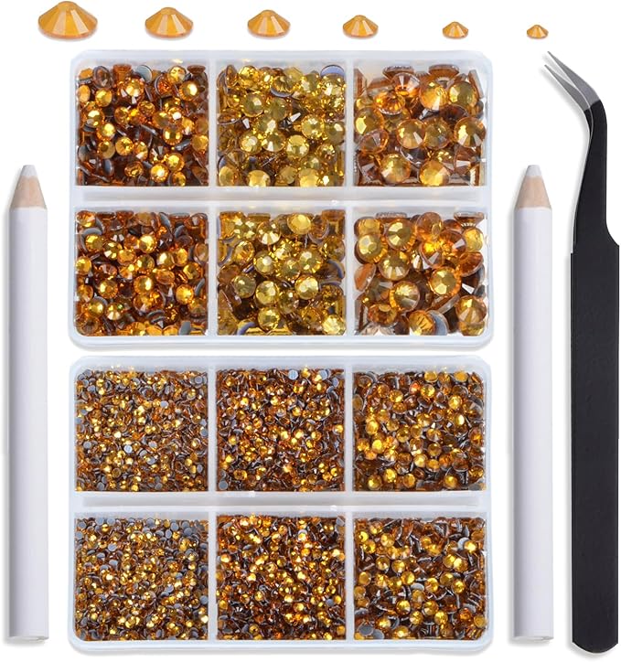 NCB Hotfix Iron on 8000pcs Crystal Rhinestones Round Gem for Crafts Decoration DIY Jewelry Making with a Tweezers and 2 Picking pens (Topaz, 6Sizes SS4-SS30)
