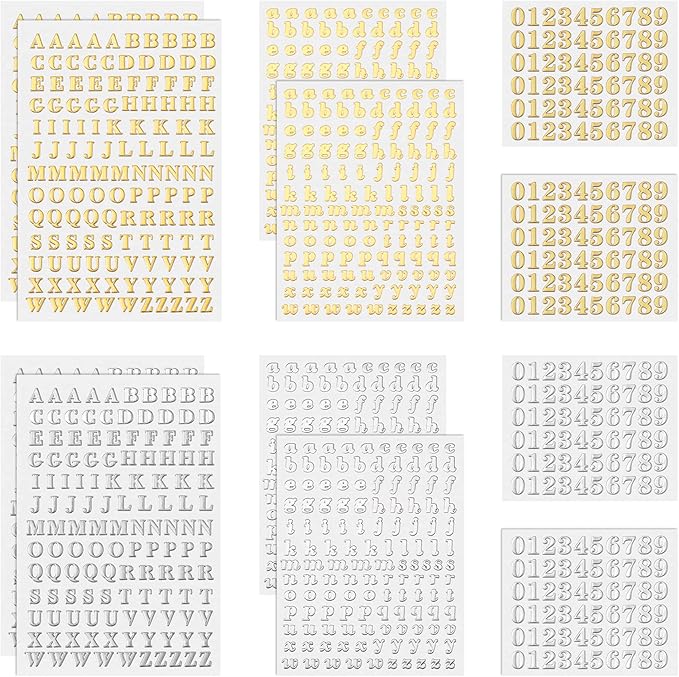 ANCIRS 12 Pack Resin Mini Letter Stickers for Nail Art, Glittering Epoxy Alphabet Number, Self Adhesive Scrapbook for DIY Craft - Gold & Silver