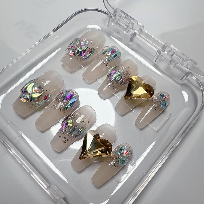 Acrylic Handmade Press On Nails long,3D White Gel Coquette Thick Strong Glue On Nails,Rhinestone Heart Designs Coffin Fake Nails Kit Reusable,10 Nails Size S,#457
