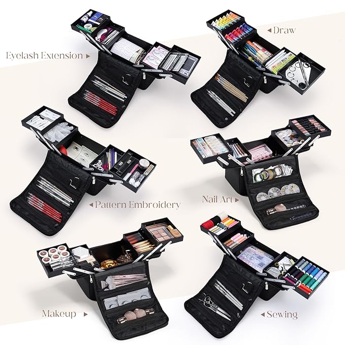 Large Makeup Case,Nail Bag with 4 Tier, Travel Makeup Box Organizer,Nail Kit Storage Tattoo Bag Make Up Case for women/Nail Art/Eyelash Extension/Tattoo/MUA, with luggage sleeve, Black